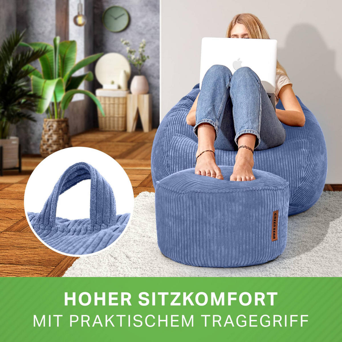 XXL-SITZSACK 2er Set + Pouf - Cordstoff - Dunkelblau, Textil (90/110/90cm) - Green Bean