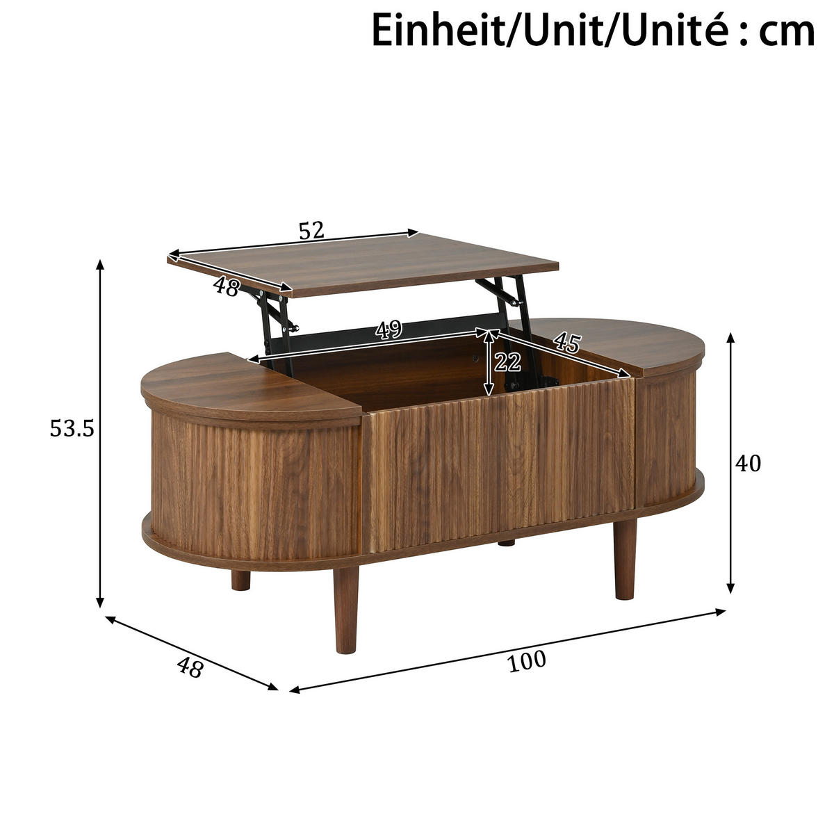 COUCHTISCH aus MDF 100x48x53,5 cm in Nussbaum mit höhenverstellbarer Tischplatte - Nussbaumfarben, Holzwerkstoff (100/48/53.5cm) - Modfu
