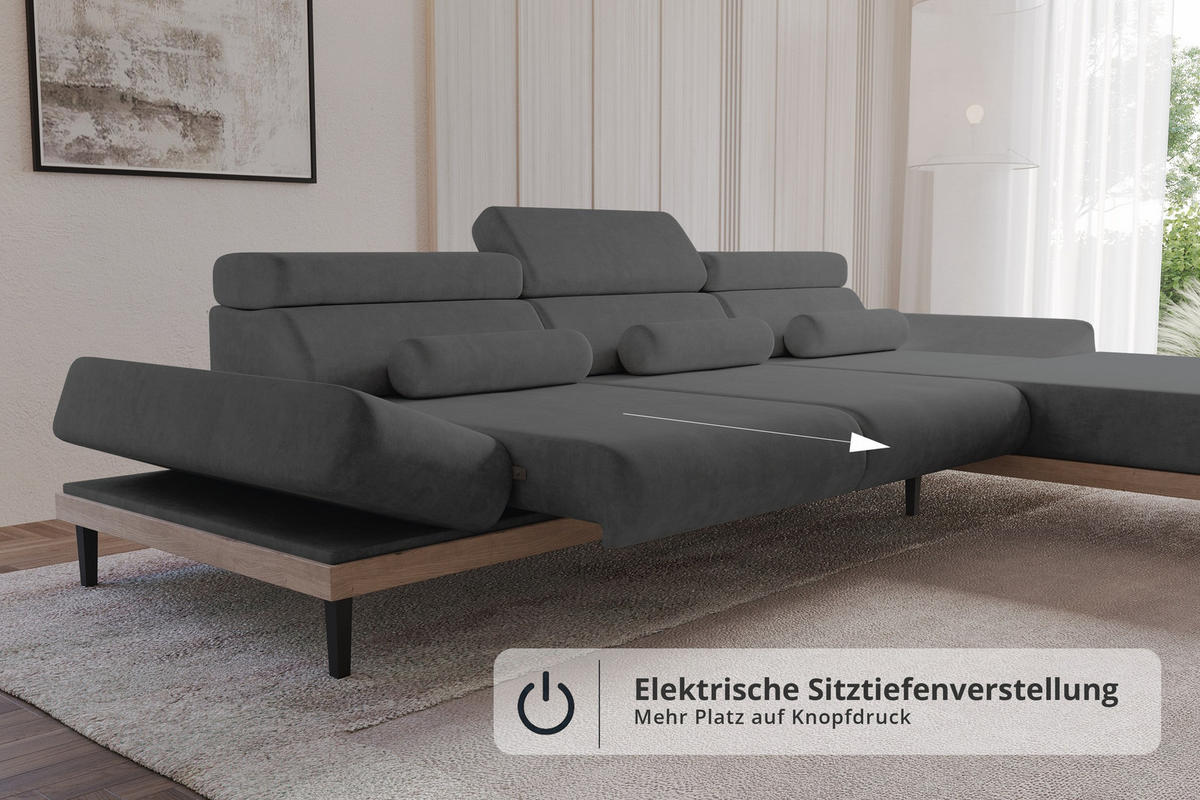 ELEKTRISCHES ECKSOFA Rechts MONA 316x205x85 Dunkelgrau Velours - Anthrazit, Holzwerkstoff/Textil (316/205cm) - ALTDECOR