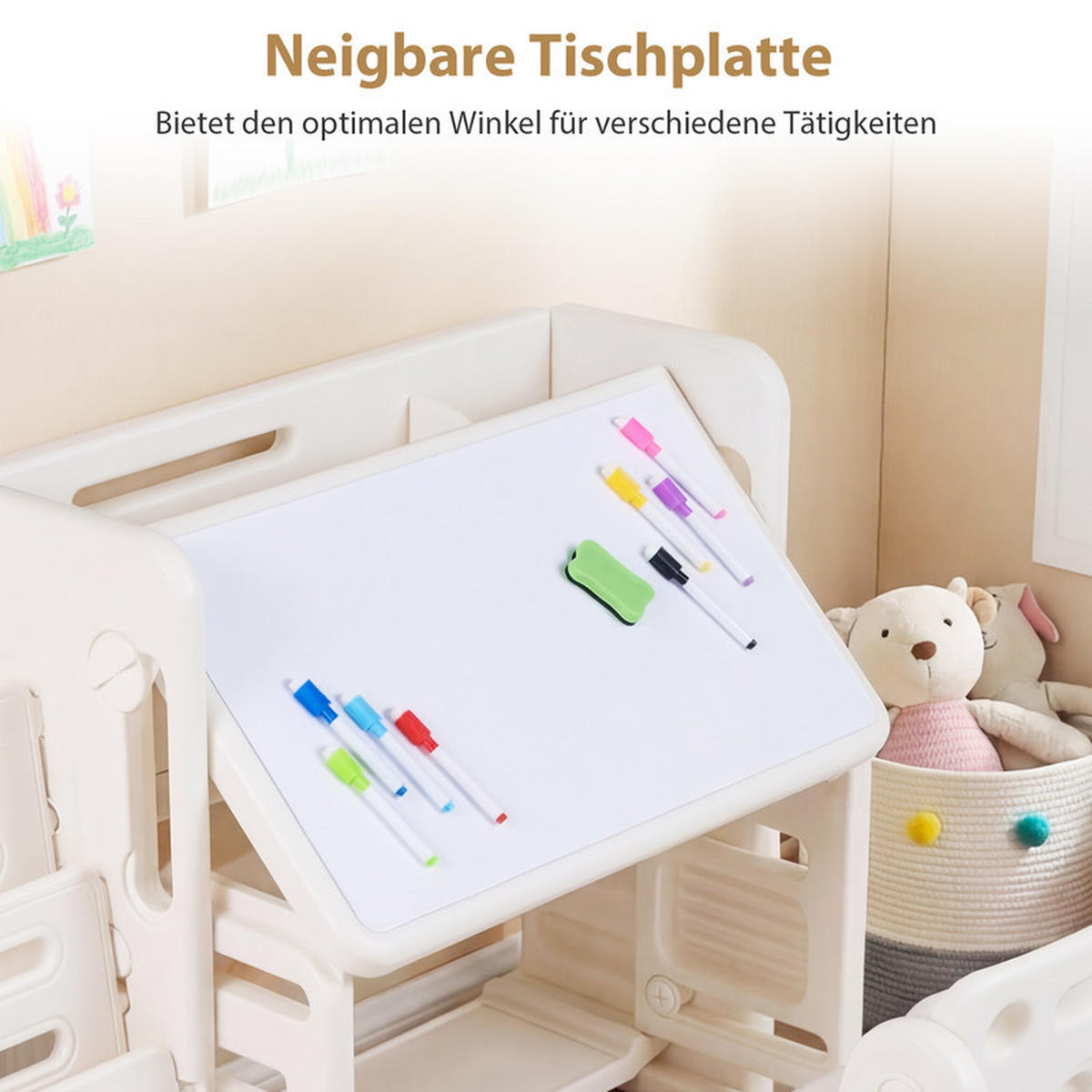 KINDERTISCH-STUHL-SET mit Bücherregal beige(2-tlg) - Beige, Kunststoff (135/68/51cm) - COSTWAY