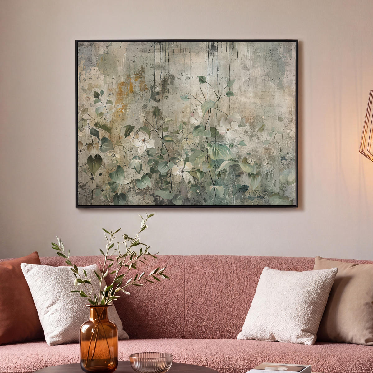 LEINWAND Bilder mit Rahmen - Blumen - Blätter - Abstrakt - Modern - 100x70 - Grau, Textil (100/70cm) - MuchoWow