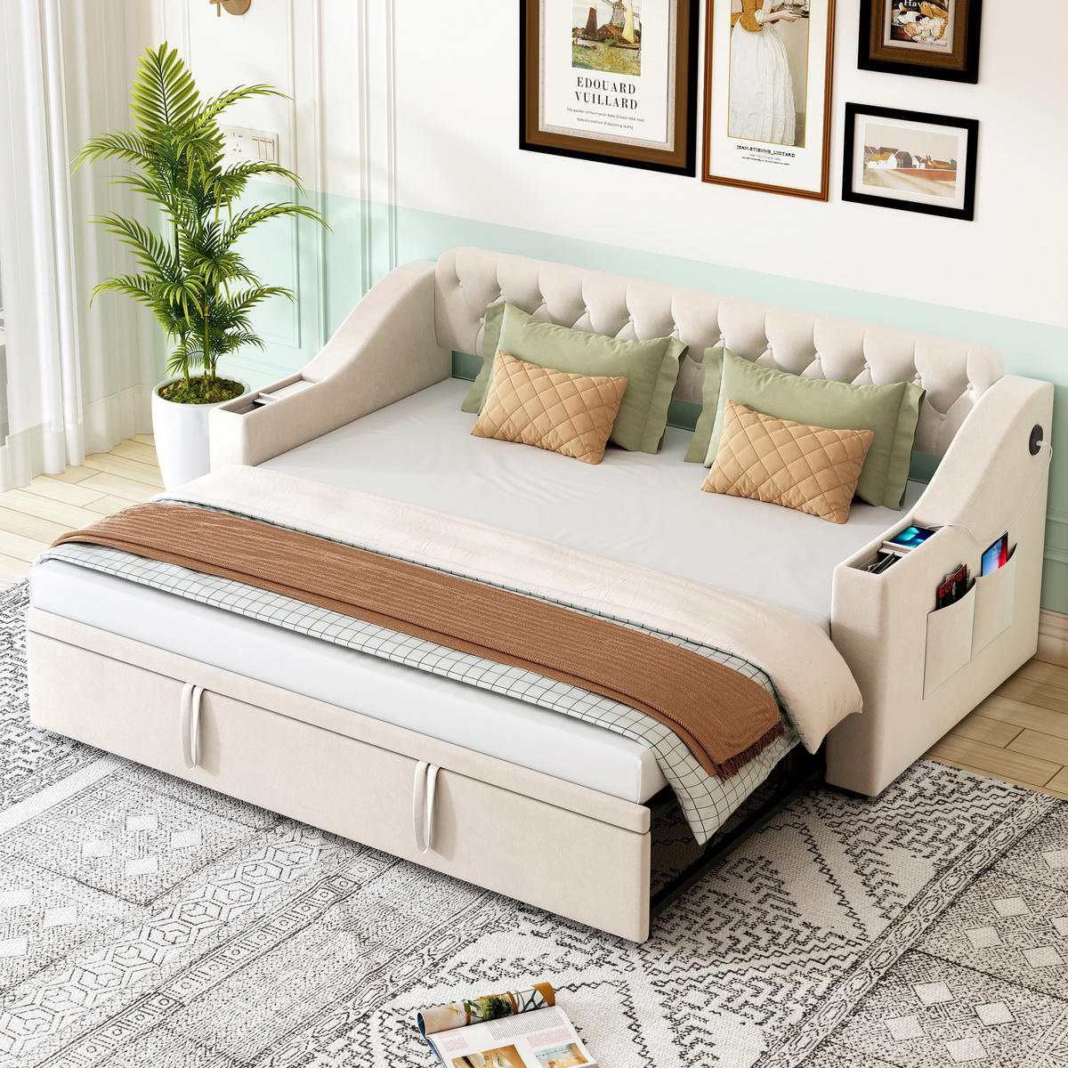 AUSZIEHBETT 90/180/190 cm DE-01976, in Beige, mit USB und Stauraum - Beige, Metall (90/190cm) - ComfortXL