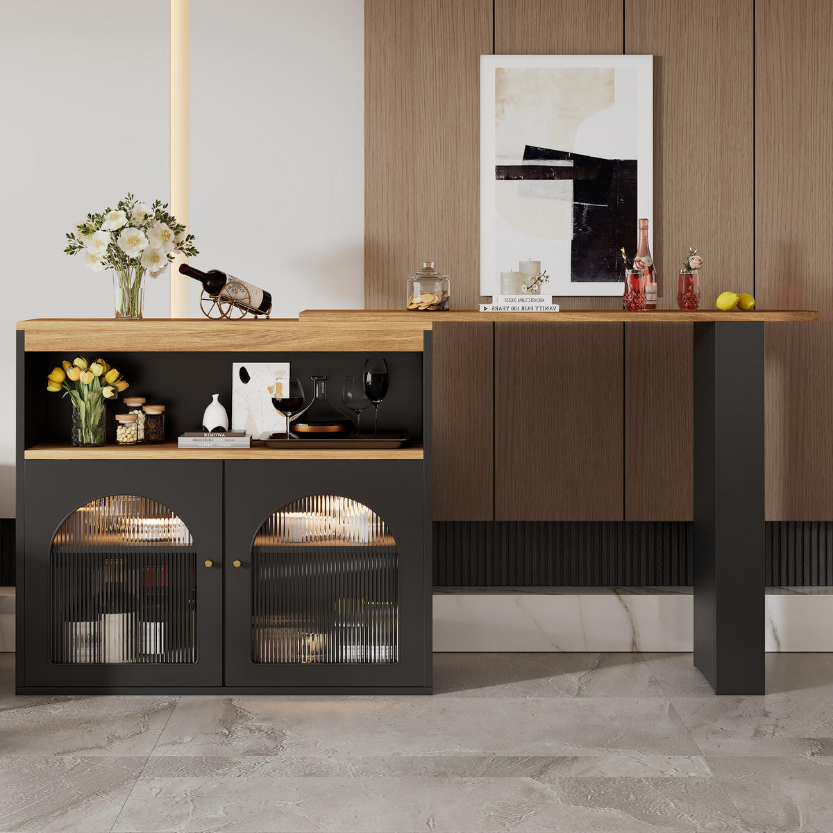BARTISCH ausziehbar mit LED - Schwarz, Holzwerkstoff (39/105/193cm) - Urban Meuble