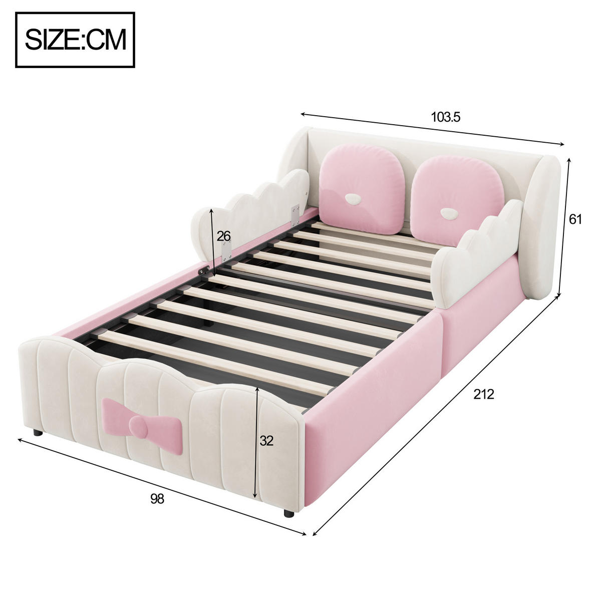 KINDERBETT aus Samt 90x200 cm Beige mit hydraulischem Stauraum und 2 Zierkissen - Beige, Textil (90/200cm) - Modfu