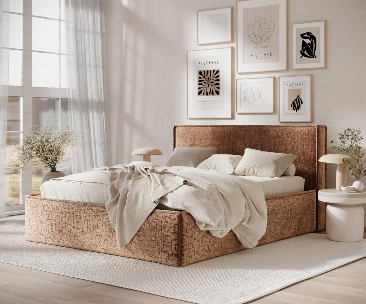 POLSTERBETT Lounge Dunkelorange 200/200 cm im Chenille-Stoff - Dunkelorange/Naturfarben, Holz/Holzwerkstoff (200/200cm) - Maison de Reve