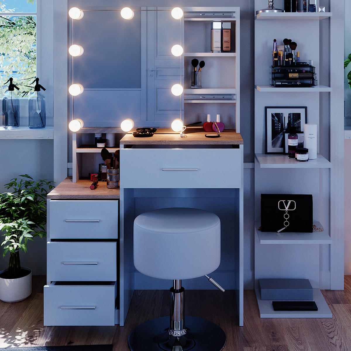 SCHMINKTISCH Conrada Weiß/Sonoma 80 cm mit LED Beleuchtung und Hocker - Weiß/Sonoma Eiche, Holzwerkstoff (36/131.6/80cm) - Vicco