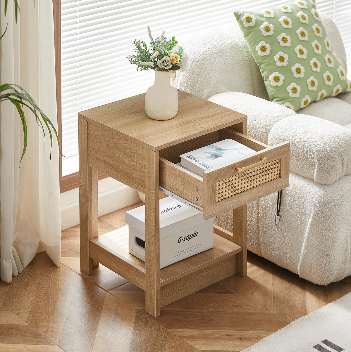 NACHTTISCH 40/40/55 cm mit Schublade in Naturfarbe & Rattanoptik - Hellbraun, Holzwerkstoff (40/55/40cm) - BEAOK