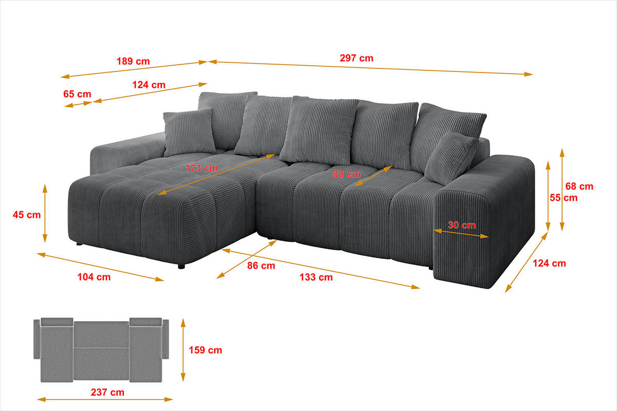 ECKSOFA Ottomane links/rechts ENIL-L 297x189x68 Dunkelgrau Cord - Dunkelgrau, Holzwerkstoff/Kunststoff (297/189cm) - ALTDECOR
