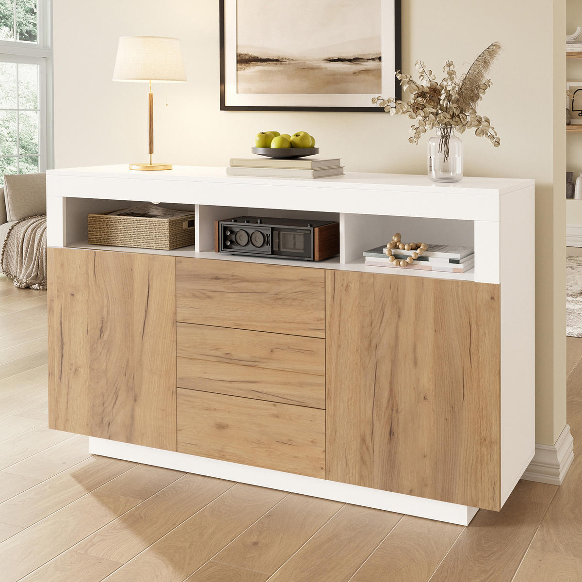 SIDEBOARD Natur Weiß 3 Schubladen 2 Türen 140x40x85cm - Multicolor, Holzwerkstoff (40/85/140cm) - FLIEKS