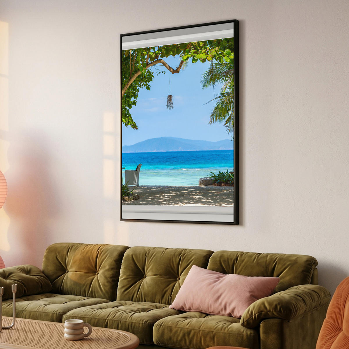 LEINWAND Bilder mit Rahmen - Aussicht - Baum - Meer - Palme - Hügel - Strand - Blau - 80x120 - Blau, Textil (80/120cm) - MuchoWow