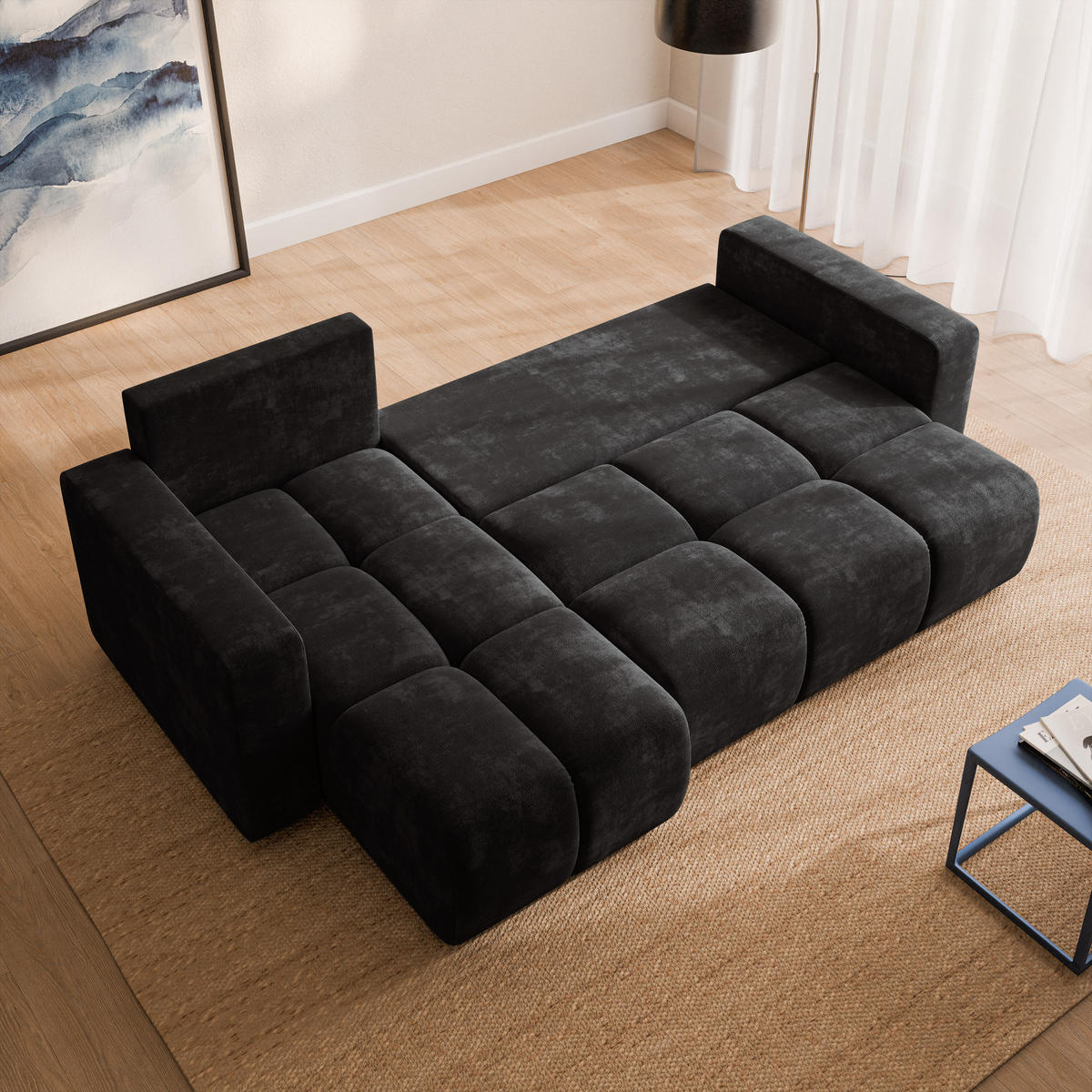 ECKSOFA RAMIL Schwarz Chenille mit Schlaffunktion - Schwarz, Holz (240/149cm) - MASSENO