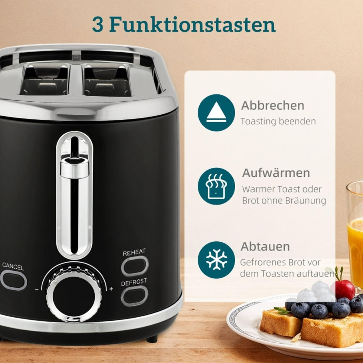 WASSERKOCHER-TOASTER SET Retro Design Temperaturregelung Schwarz - Schwarz, Kunststoff (15.9/24.8/23.2cm) - Rolipo