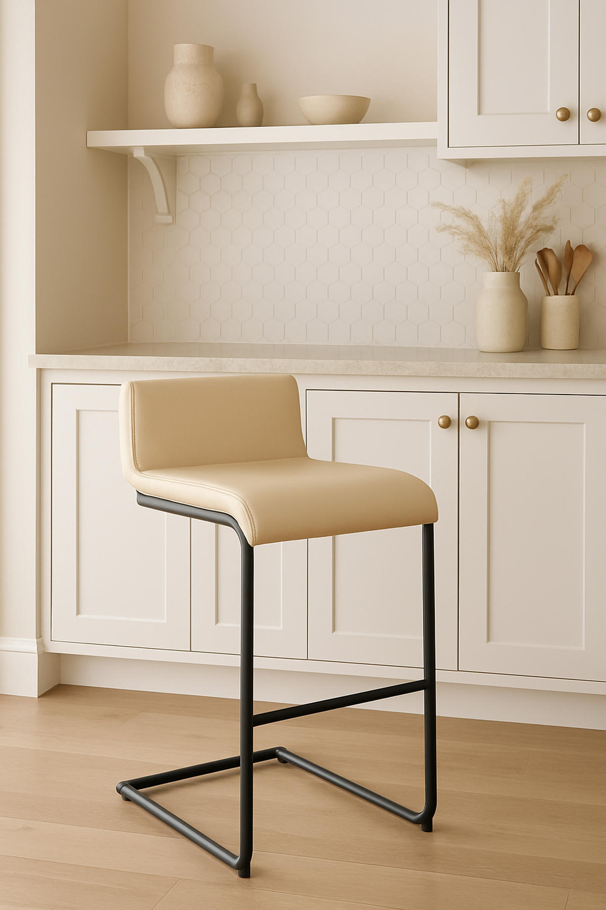 BARHOCKER New Orleans Kunstleder B creme - Schwarz/Naturfarben, Kunststoff/Metall (40/96/50cm) - TPFLiving