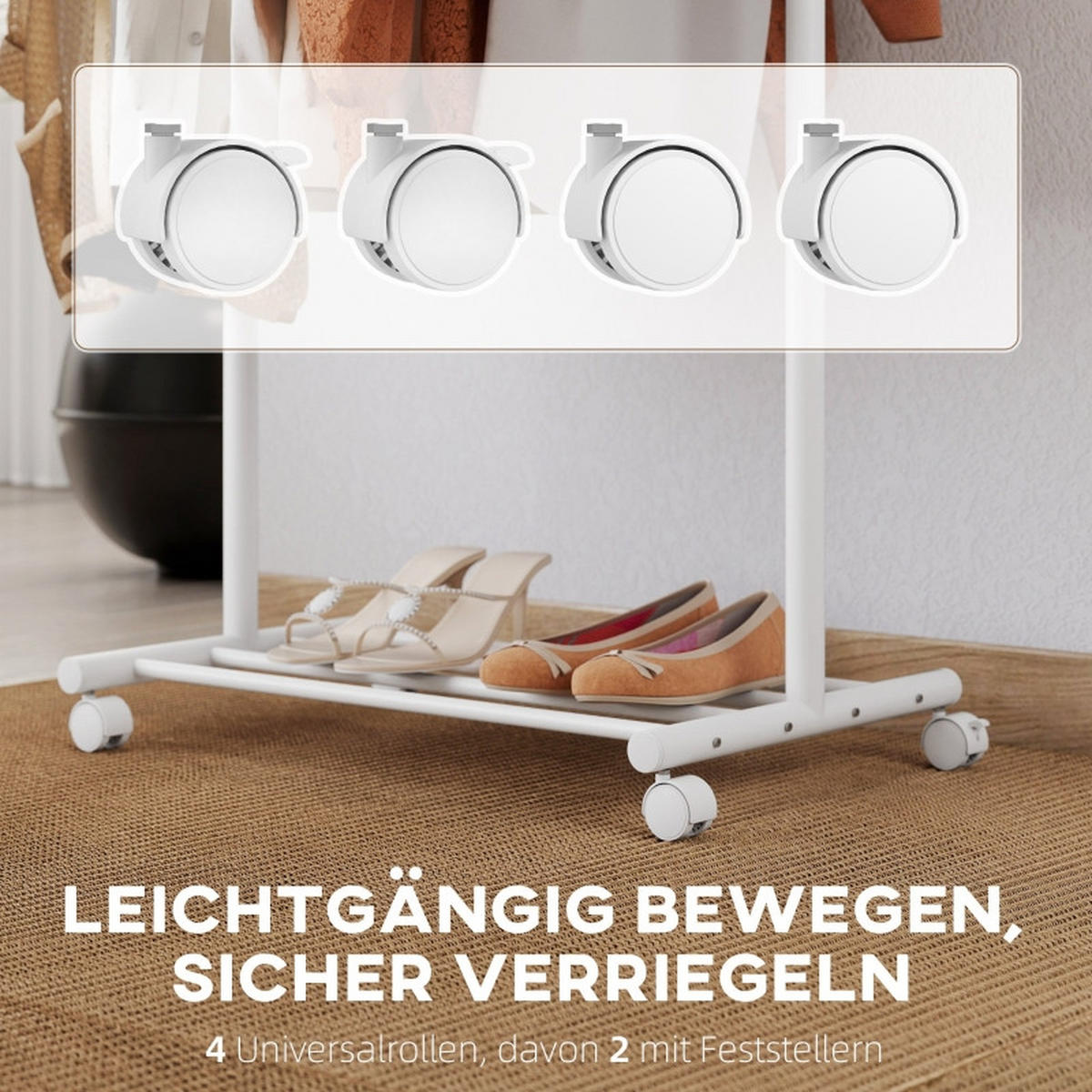 STANDGARDEROBE in Weiß mit 5 Haken, Kleiderstange und Schuhablage 68/43/171 cm - Weiß, Metall (68/171/43cm) - BEAOK