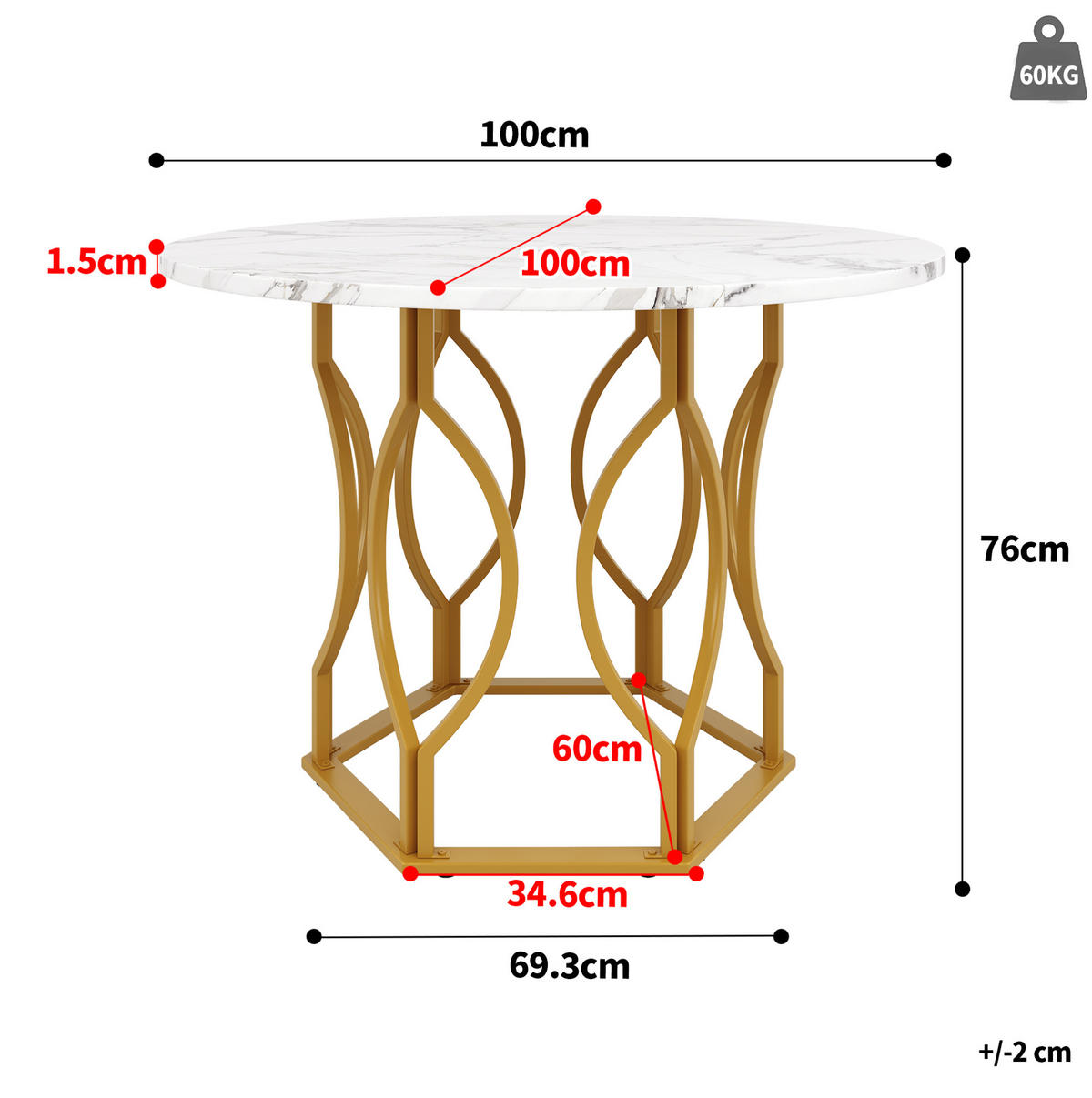 ESSTISCH 100/100/76 cm rund mit MDF-Tischplatte und verstellbaren Metallbeinen, Weiß/Goldfarben - Goldfarben, Holzwerkstoff (100/100/76cm) - Redom