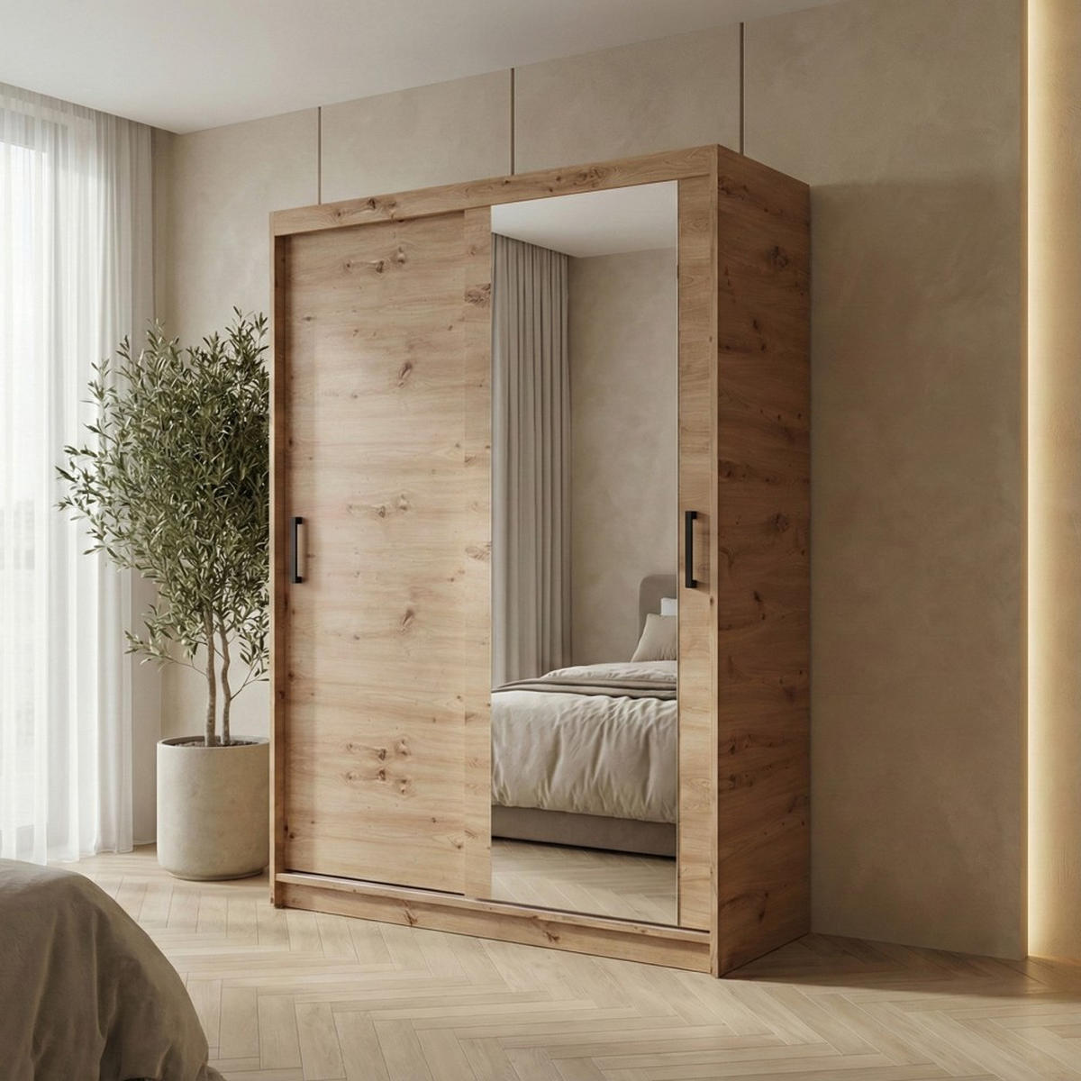 SCHWEBETÜRENSCHRANK Hela 120/205/60 2-türig eiche Artisan mit Spiegel - Eiche Artisan, Holzwerkstoff (120/205/60cm) - Beautysofa