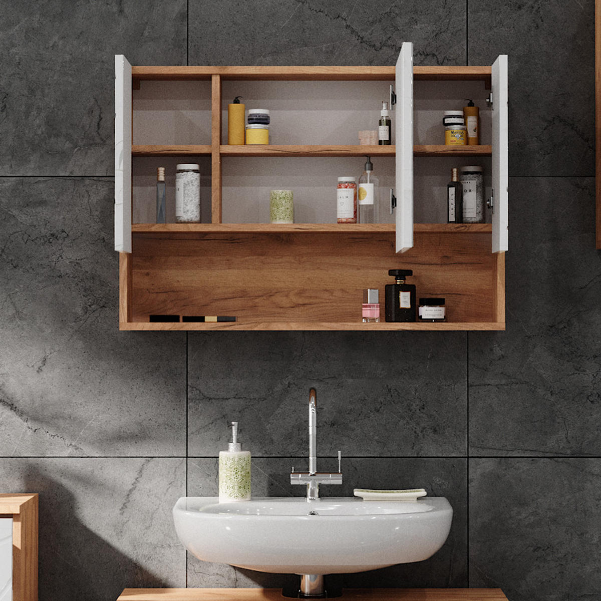BADSPIEGELSCHRANK Irma Eiche 80.1 x 55 cm - Weiß Hochglanz/Eiche Wotan, Holzwerkstoff (80.1/55/17cm) - Vicco