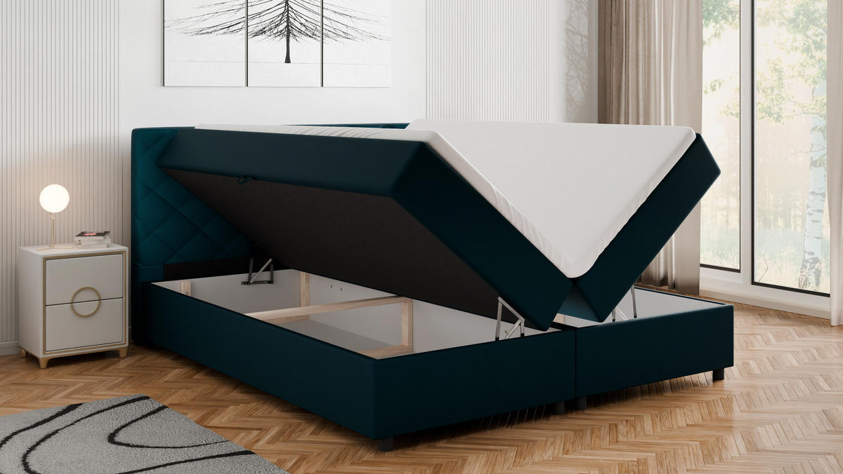BOXBETT Diamaro 180x200 cm mit Bettkasten und Topper - Dunkeltürkis - Türkis, Holz (180/200cm) - Panda Möbel