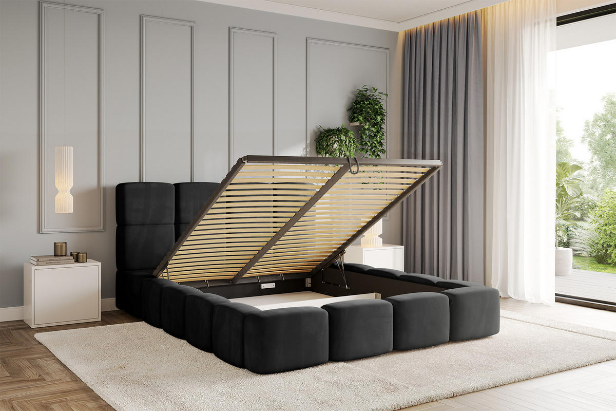POLSTERBETT mit Bettkasten und Lattenrost, Bett mit Kopfteil, Boxbett ohne Matratze, Doppelbett mit Stauraum - NATA 120x200 Schwarz - Schwarz Hochglanz, Holzwerkstoff/Textil (120/200cm) - ALTDECOR