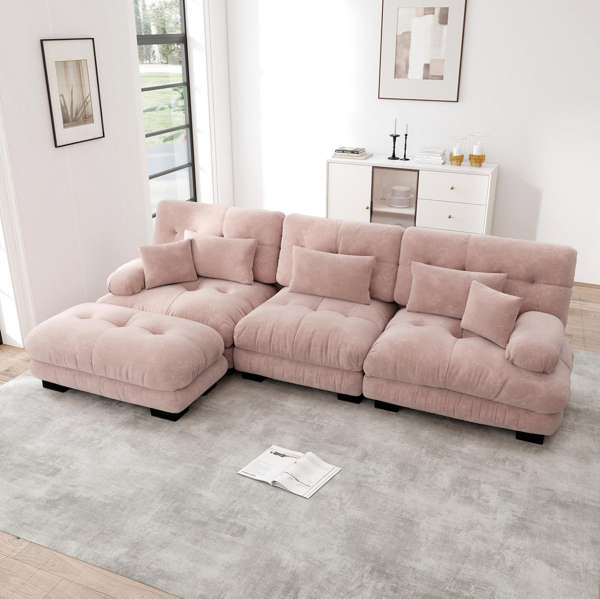 MODULARES Ecksofa mit beweglichen Ottomane, tiefem Sitz und runden Armlehnen, Pink - Pink, Textil (313/145cm) - Redom