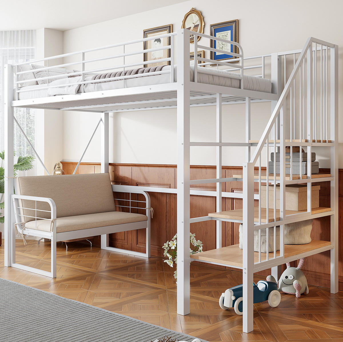 ETAGENBETT 90/200 cm mit abnehmbarem Polstersofa, Stauraumtreppe und Metall-Rahmen, Weiß - Weiß, Holzwerkstoff (90/200cm) - Redom