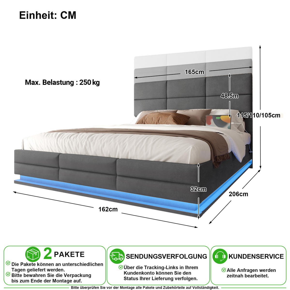 POLSTERBETT 160/200 cm in Dunkelgrau Samt mit Bettkasten, LED und USB - Grau, Holzwerkstoff/Textil (160/200cm) - CHICFURN