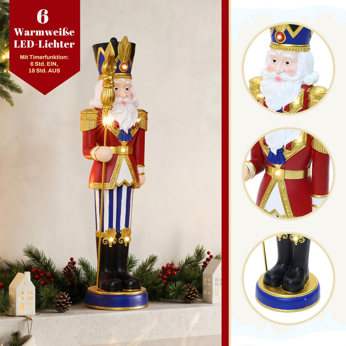 NUSSKNACKER Figur groß 61 cm, Weihnachtsdeko mit LED, Timer, MgO - Dunkelrot, Naturmaterialien (19.5/61/16.5cm) - Hometopia
