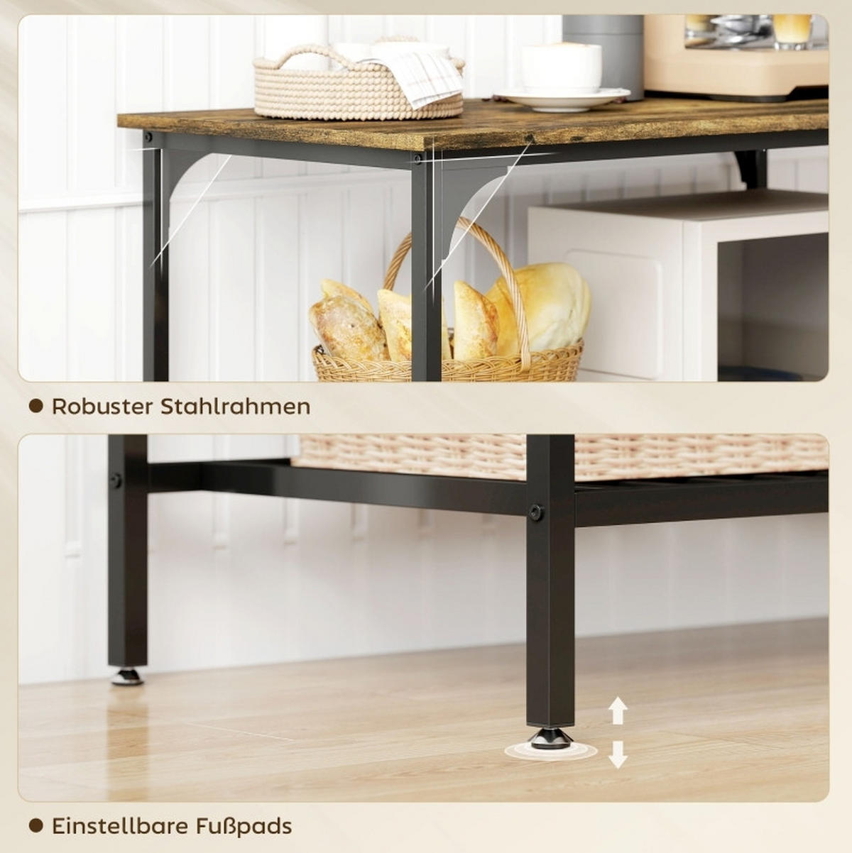 STANDREGAL aus Holz und Stahl 100x50x90 cm Rustikalbraun/Schwarz mit 2 Ablagen und Stahlgitter - Braun, Holz (100/90/50cm) - Modfu