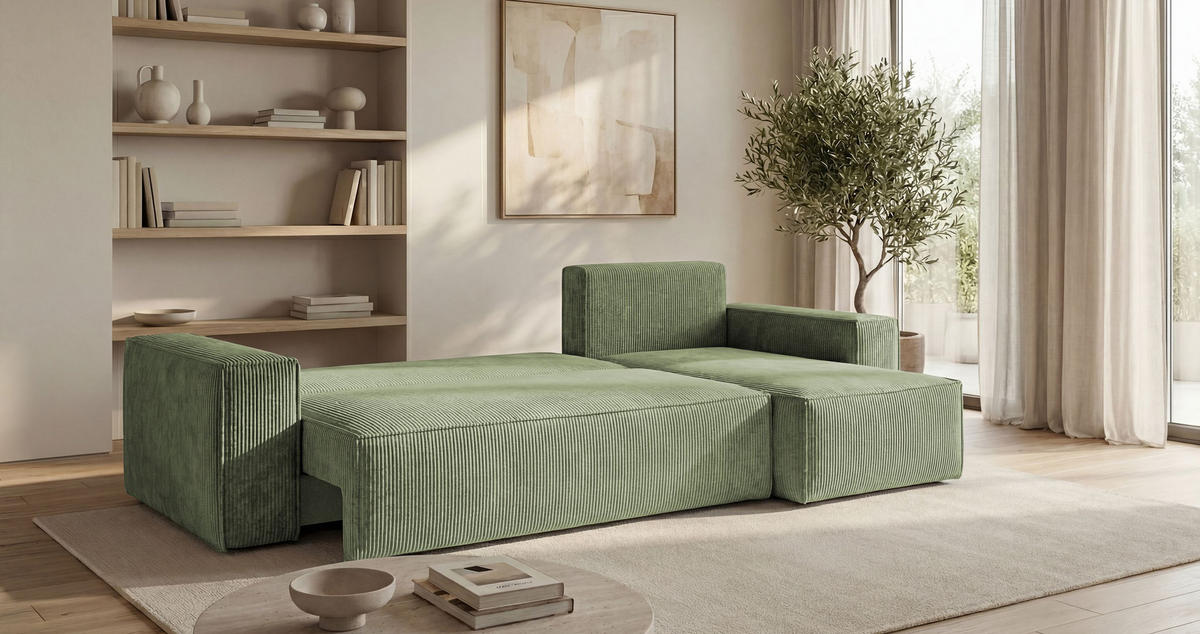 ROHOVÁ pohovka CALIFORNIA MINI pravá světle zelená manšestr Poso 47 - funkce spaní, úložný prostor - světle zelená, textil (245/139cm) - Cornero