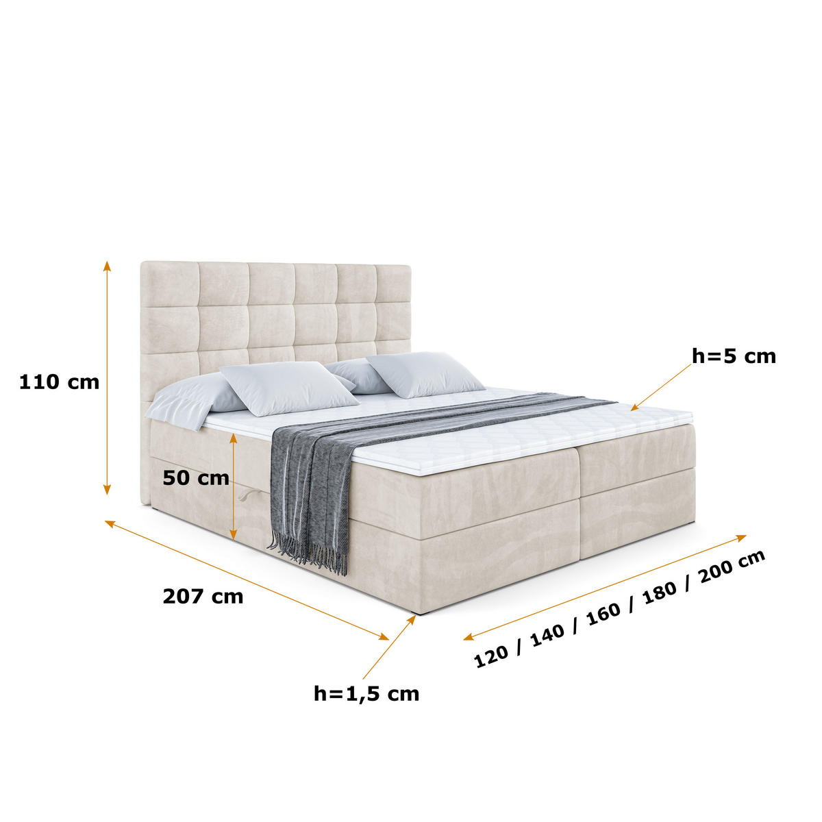 BOXBETT mit H3-Matratze und Lattenrost - BRUGO - 160x200 Ecru - Ecru, Holzwerkstoff (160/200cm) - ALTDECOR