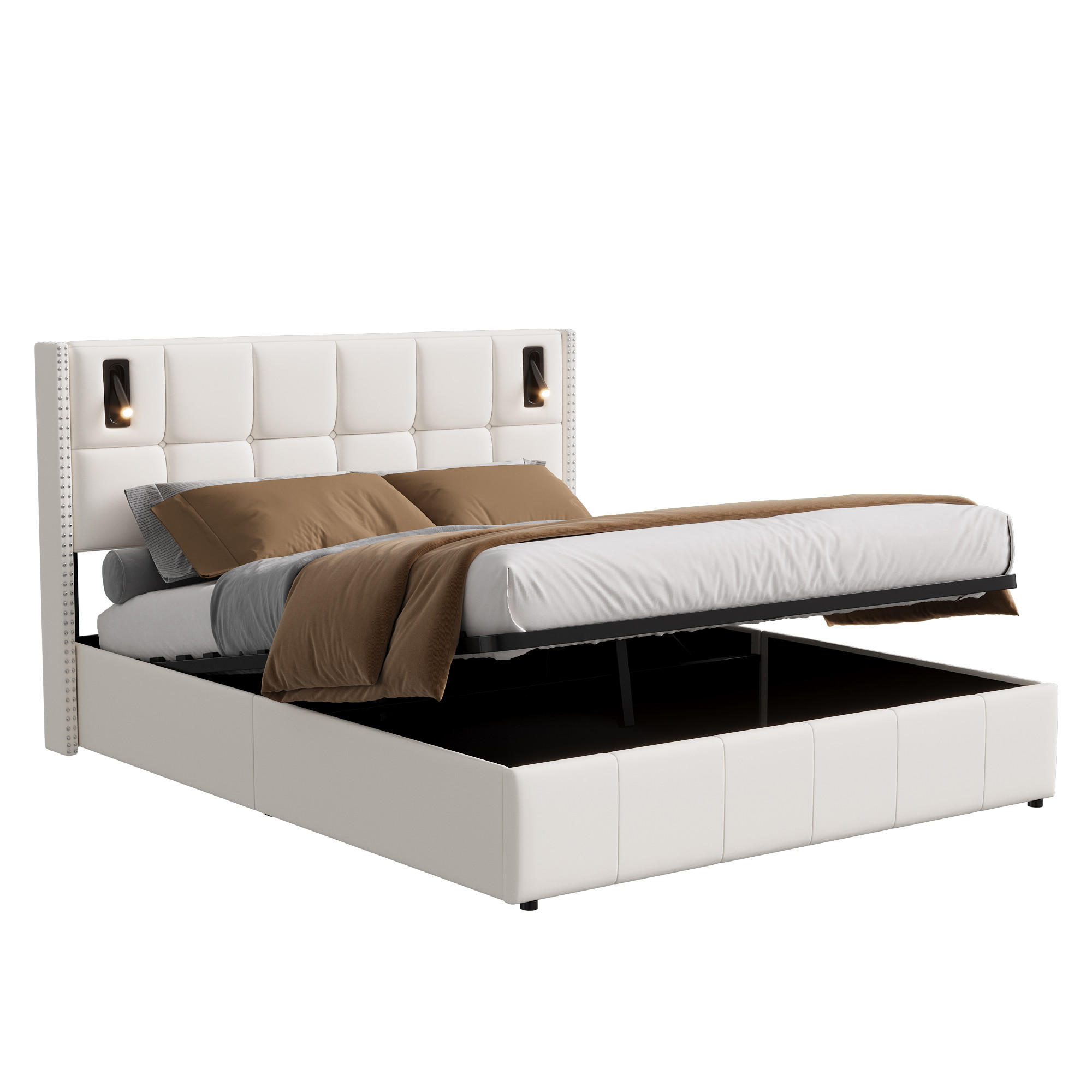 DOPPELBETT 160x200 cm mit Stauraum und Leselampe, Polsterbett mit Lattenrost, Bett für Erwachsene - Beige, Holz/Metall (160/200cm) - PARAFTA HOME