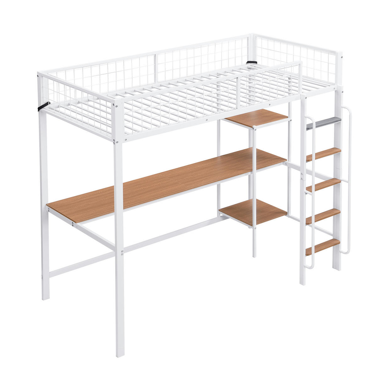 ETAGENBETT 90/200 cm weiß aus Metall mit Tisch und Regalen - Weiß, Metall (90/200cm) - OKWISH