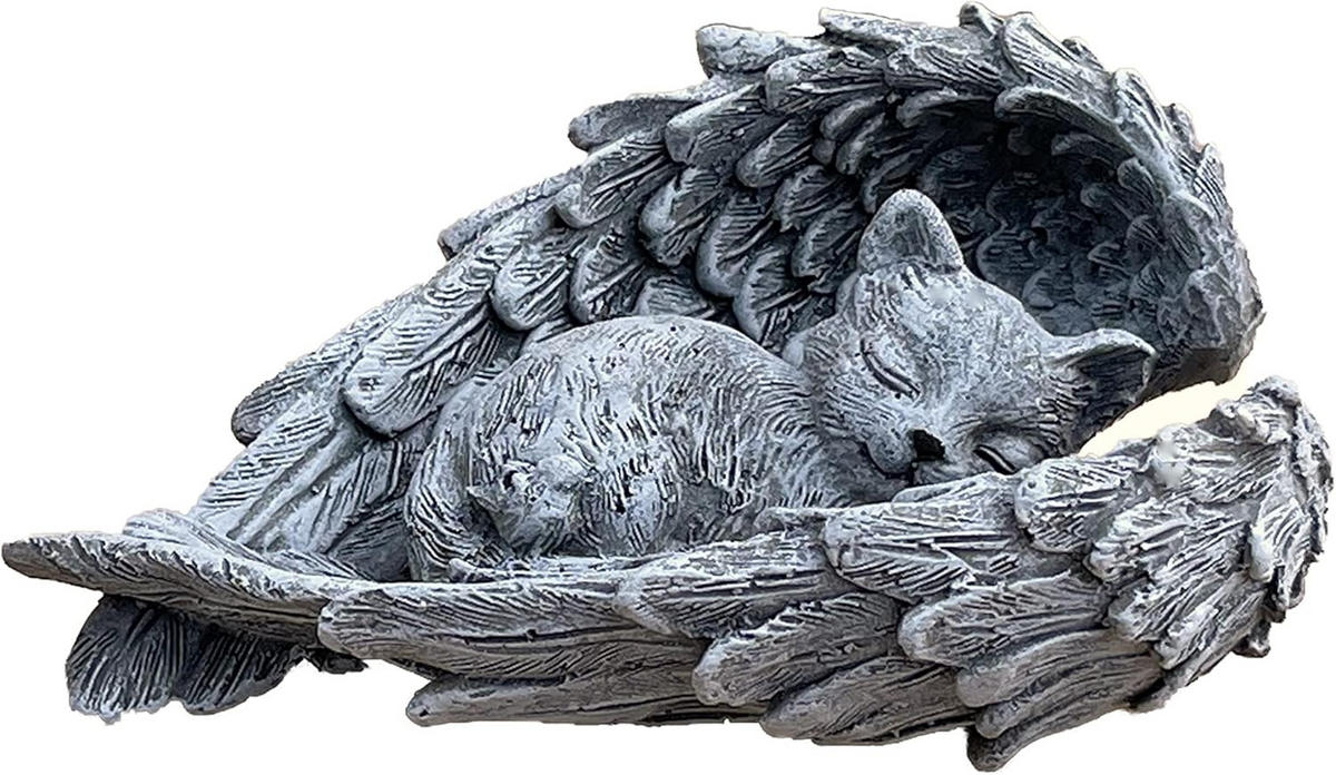 STEINFIGUR Katze im Flügel frostfest Steinguss Grabschmuck - Grau, Stein (11/5/8cm) - stoneandstyle