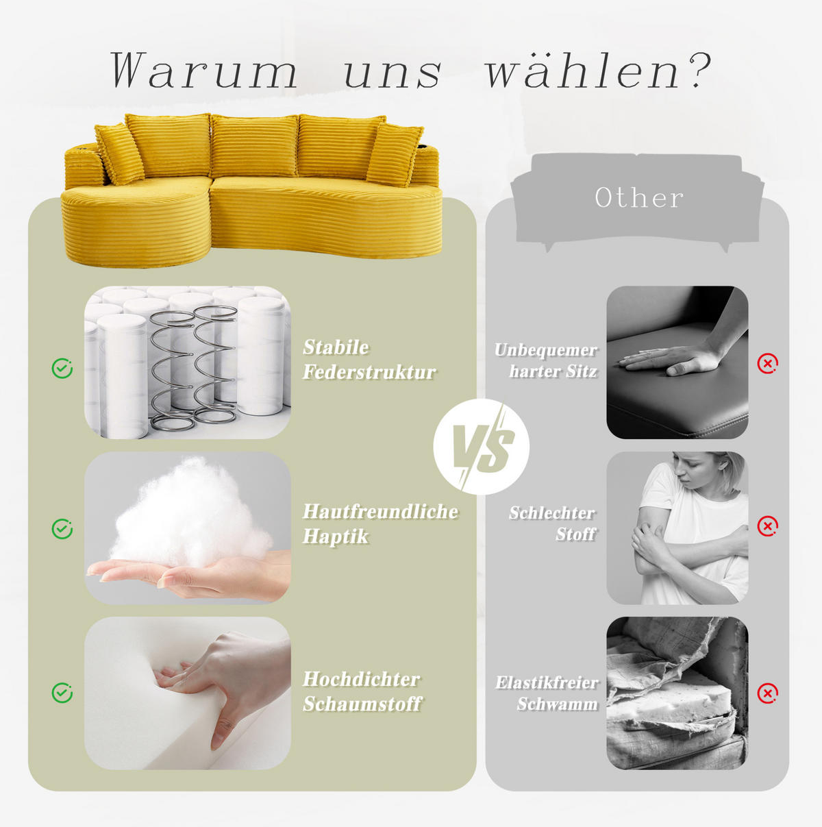 ECKSOFA aus Cord 250x152x82 cm Senfgelb mit Getränkehaltern, Seitentaschen und Kissen im modernen Bogendesign - Gelb, Textil (250/152cm) - Modfu