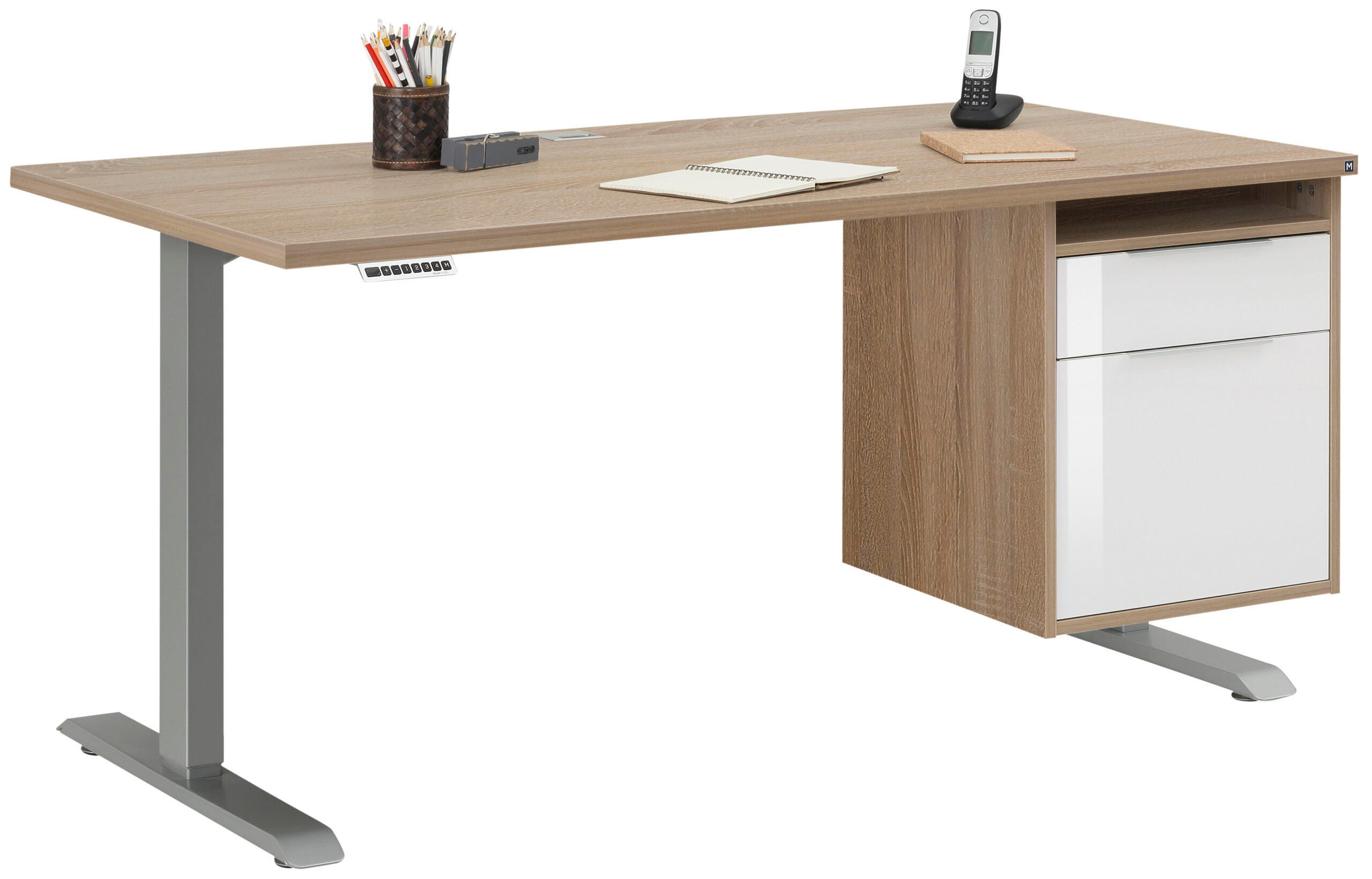 SCHREIBTISCH mit Hängecontainer Platingrau, Eiche Sonoma und Weiß 150x80cm, elektrisch höhenverstellbar – von MAJA Möbel – Container rechts - Grau, Holzwerkstoff (80/150/70.5cm)