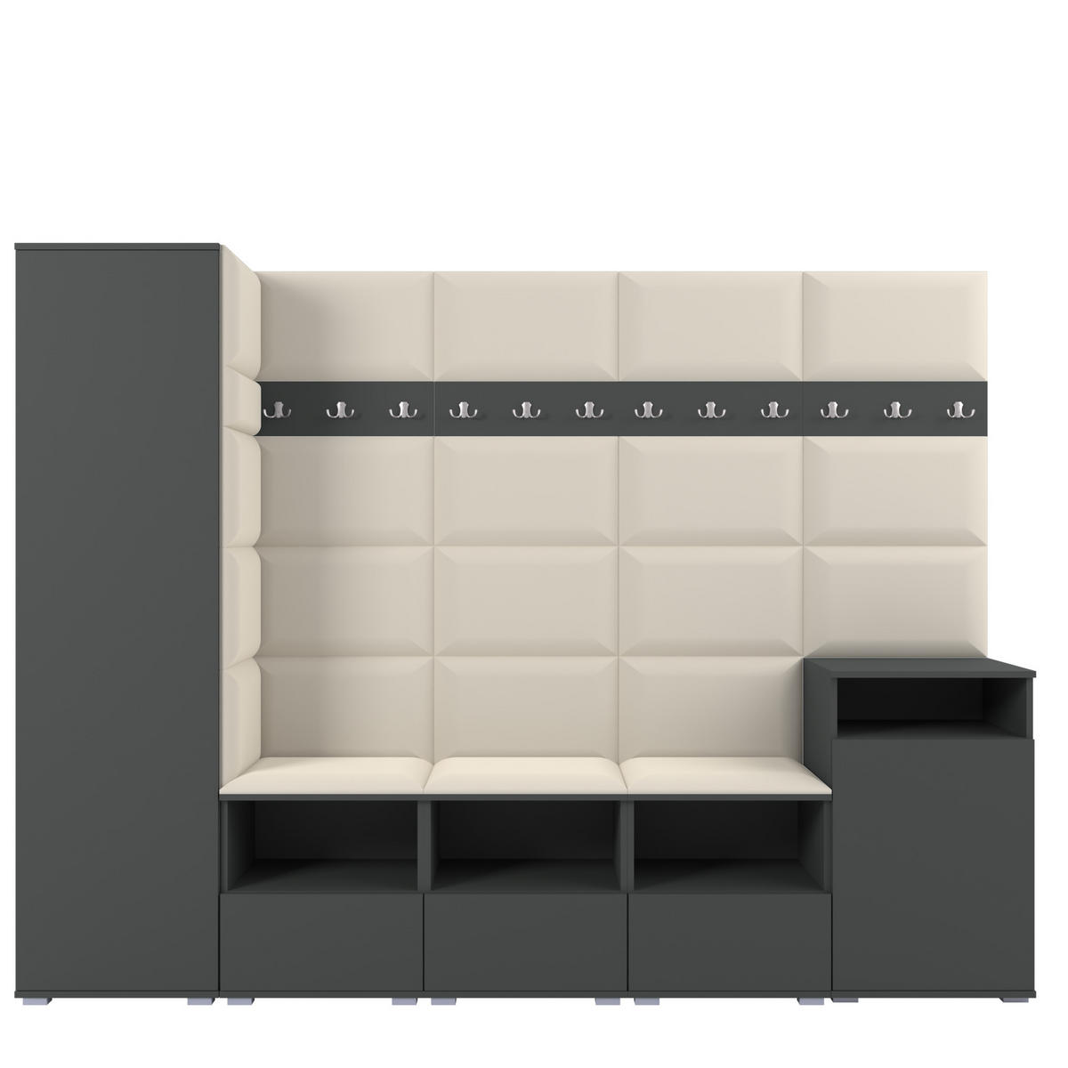 GARDEROBE NELA XI 250 cm (Modulare Flurmöbel Graphit mit Sitzpolster Creme 01 Großes Set) - Silberfarben/Creme, Holz/Holzwerkstoff (250/187/40cm) - Ravio