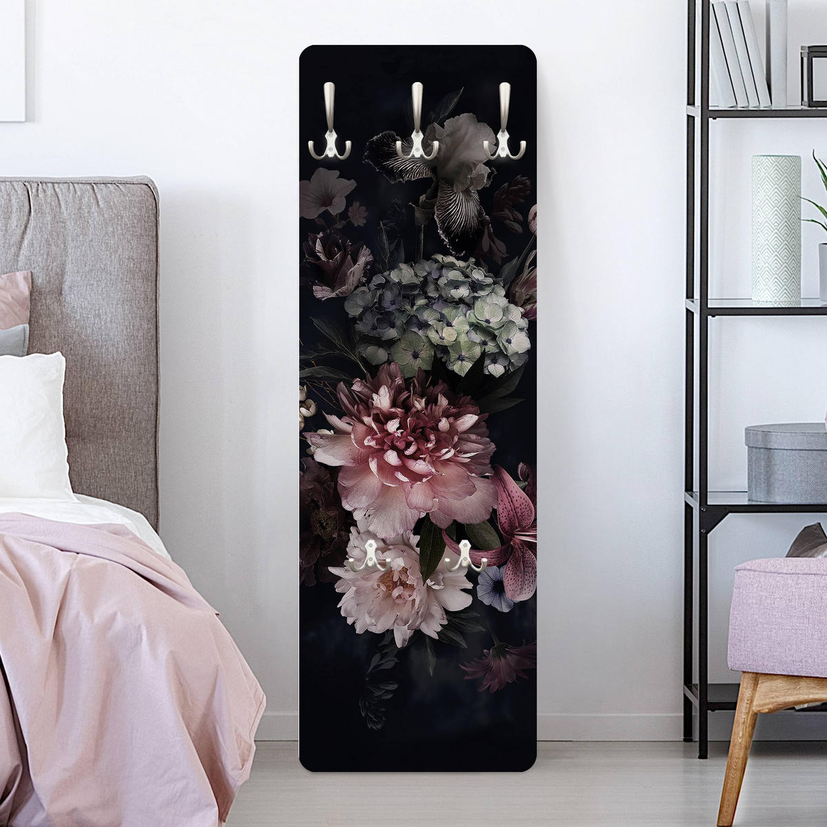 WANDGARDEROBE - Blumen mit Nebel auf Schwarz 34/105 cm - Schwarz, Holzwerkstoff (34/105/1.6cm) - Bilderwelten
