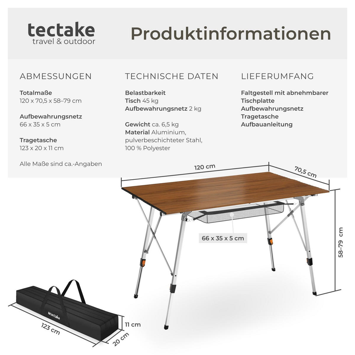 CAMPINGTISCH aus Aluminium Bastian, 120 x 70,5 x 58 – 79 cm, Holzoptik - Braun, Metall (120/70.5/79cm) - tectake