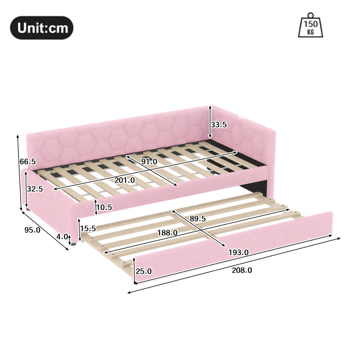 POLSTERBETT aus Samt und MDF 90x200 cm in Rosa mit Ausziehbett, USB & Typ-C - Rosa, Textil (90/200cm) - Modfu