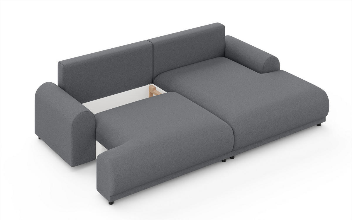 ECKSOFA mit Schlaffunktion, Bettkasten, extrabreite Ottomane rechts, abgerundete Armlehnen, B240/T145/H81 cm, Strukturstoff Dunkelgrau / 21033 - Dunkelgrau/Schwarz, Kunststoff/Textil (240/145cm) - luma-home