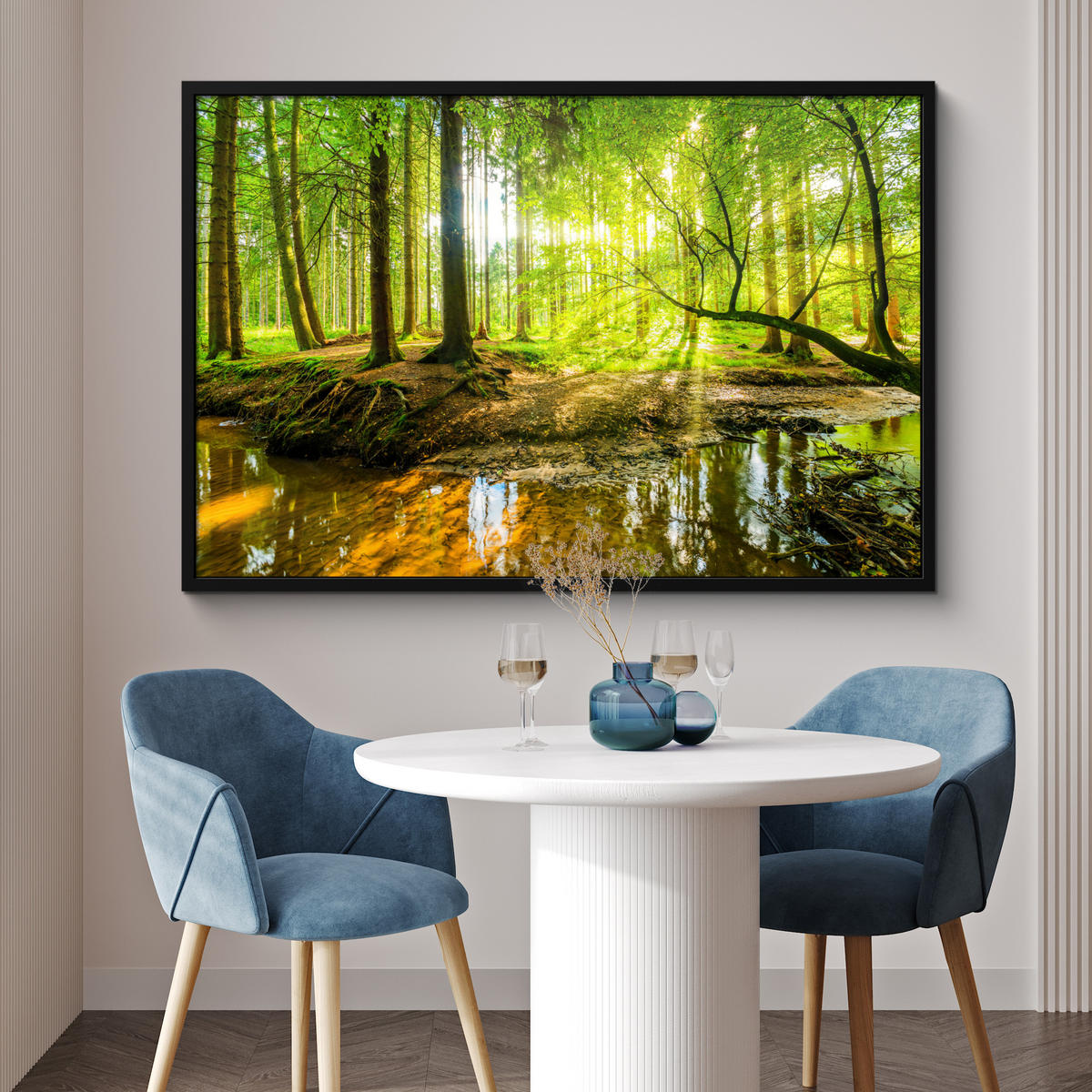 POSTER MIT RAHMENGERAHMTES BILD Wald - Landschaft - Wasser - Bäume - Sonne - Grün - Natur 120x80 cm - Grün, Papier (120/80cm) - MuchoWow