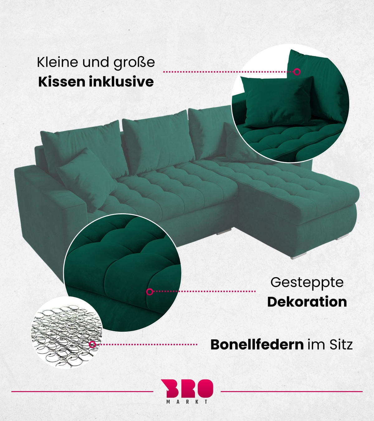 ECKSOFA Luis mit Schlaffunktion Flaschengrün Samt - Dunkelgrün/Silberfarben, Kunststoff/Textil (148/238cm) - Bromarkt