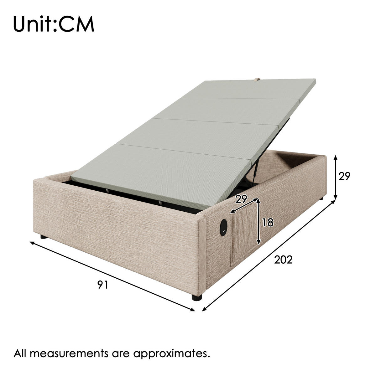 POLSTERBETT 90/200 cm aus Leinen mit Stauraum und USB- und Type-C-Anschlüssen - Beige, Textil (90/200cm) - Flora Grace