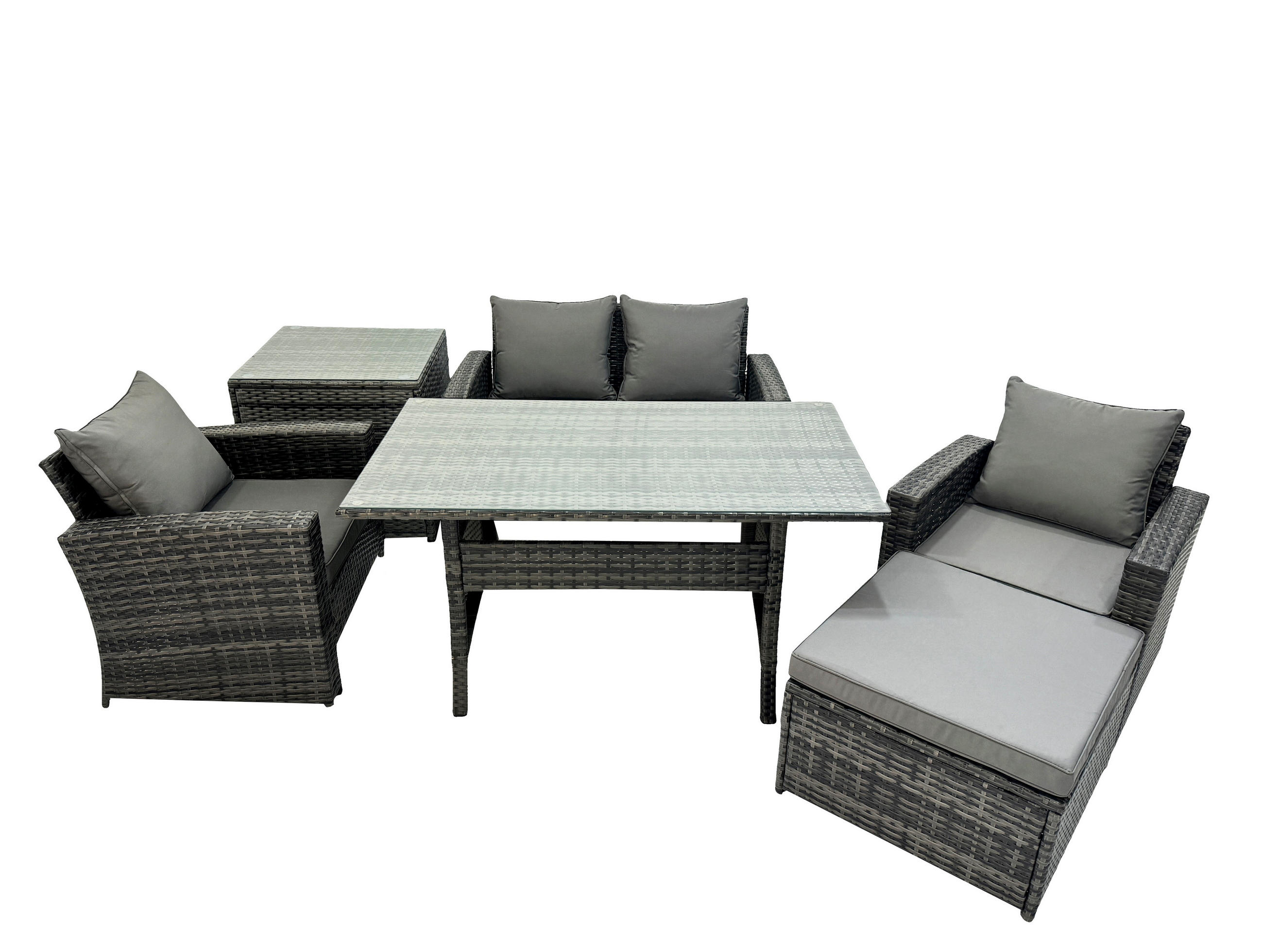 GARTENMÖBELSET mit 2 Sesseln,Zweisitzer,Esstisch,Hocker,Beistelltisch Polyrattan Dunkelgrau 5-Sitzer - Dunkelgrau/Grau, Glas/Kunststoff - Fimous