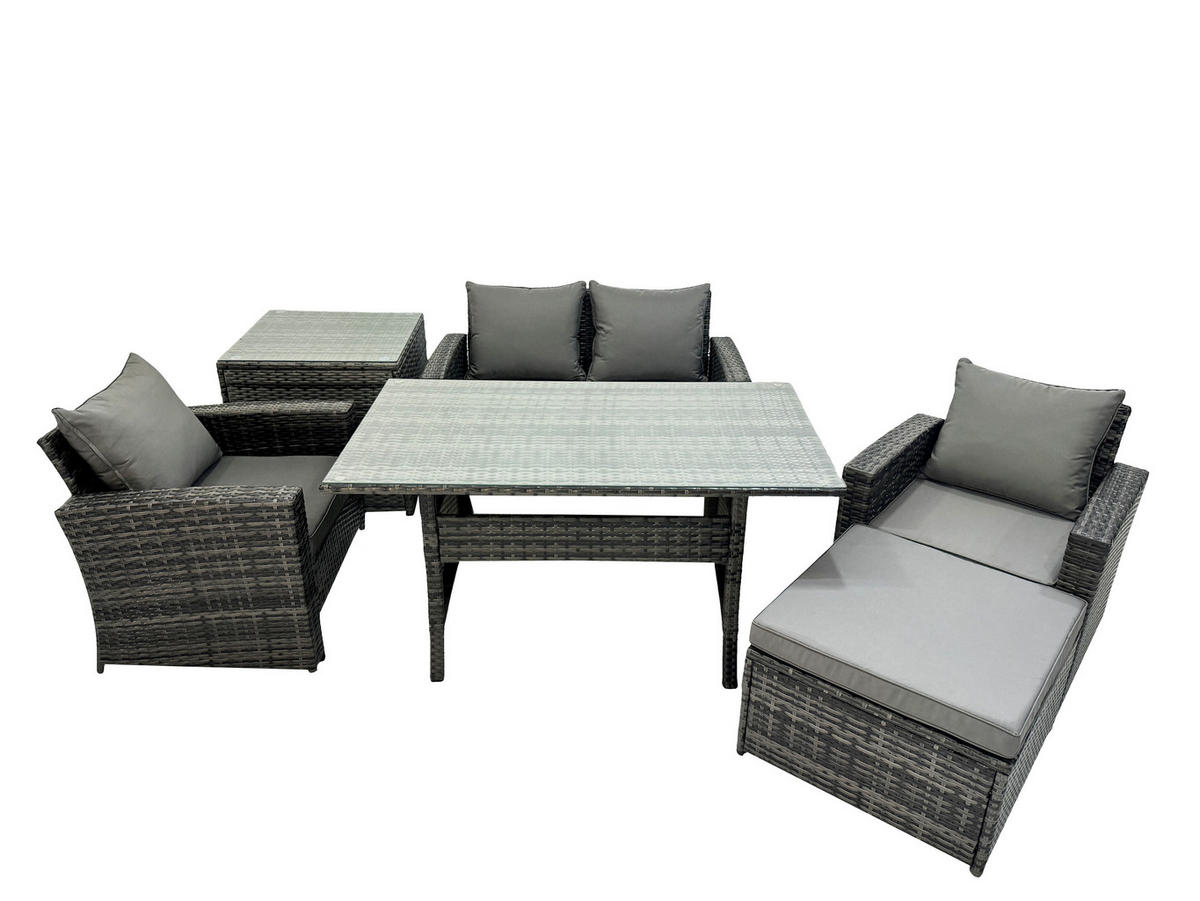 GARTENMÖBELSET mit 2 Sesseln,Zweisitzer,Esstisch,Hocker,Beistelltisch Polyrattan Dunkelgrau 5-Sitzer - Dunkelgrau/Grau, Glas/Kunststoff - Fimous