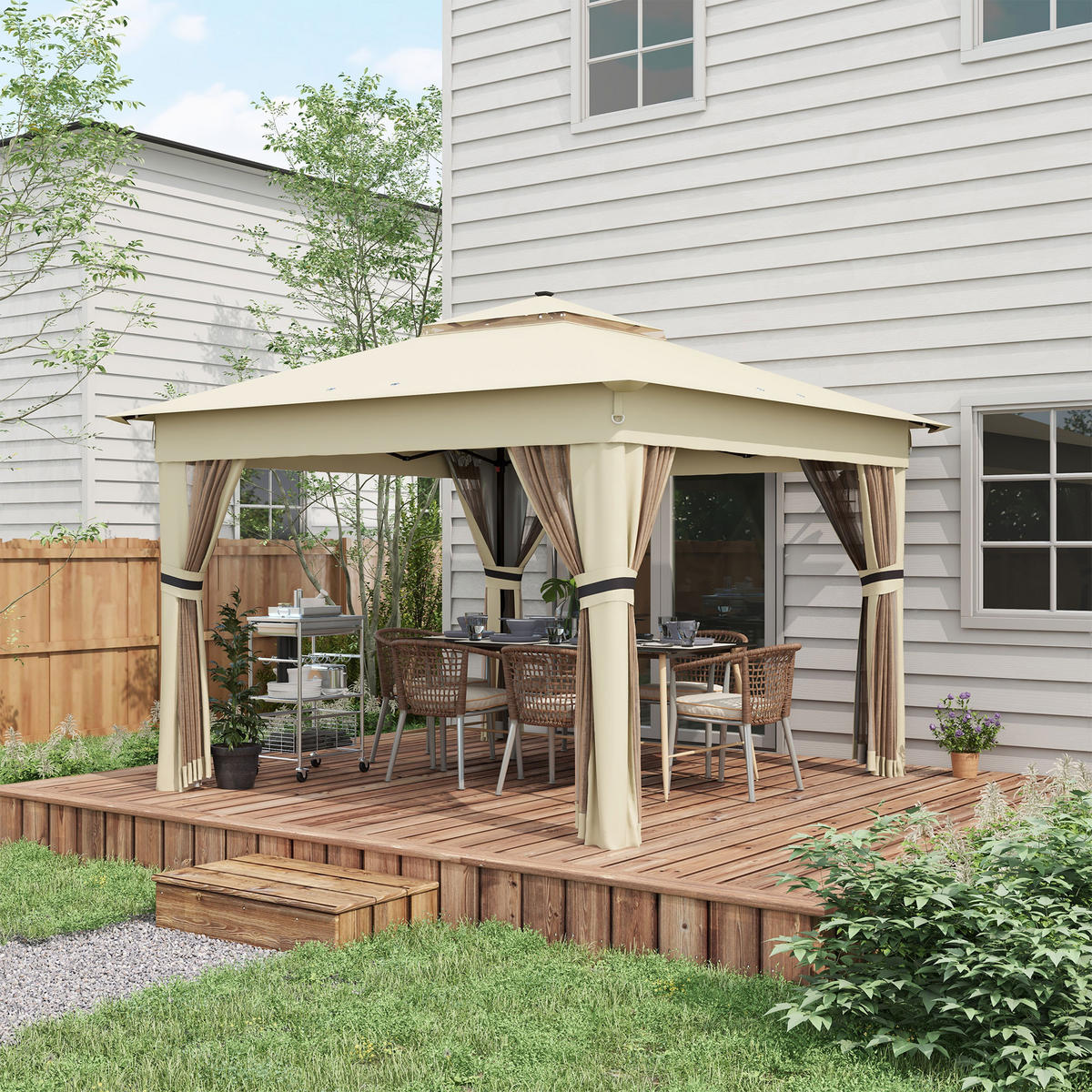 PAVILLON 3,3x3,3m Wasserabweisend Pop-up Faltpavillon mit LED, Doppeldach - Braun, Textil/Metall (336/270/336cm) - Outsunny