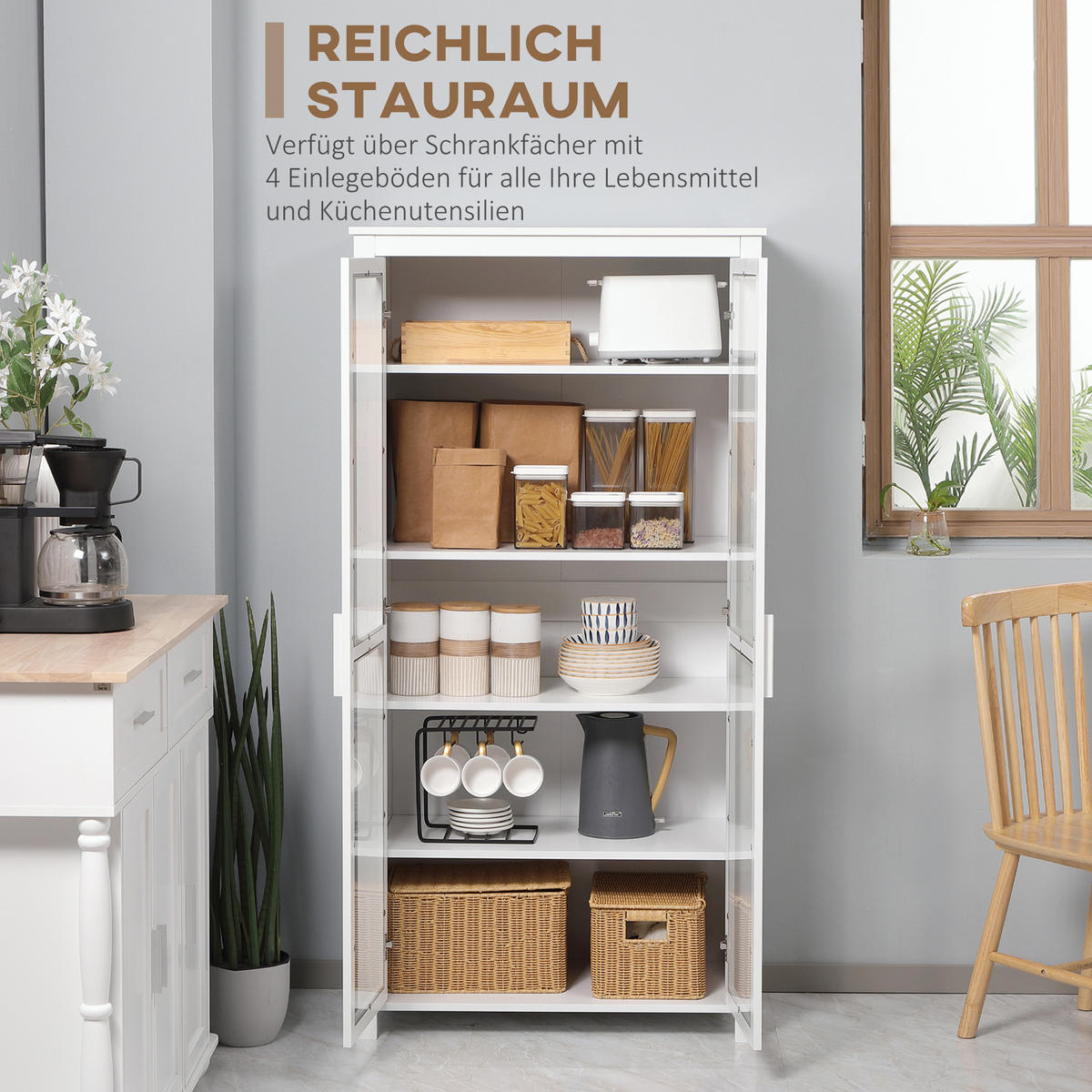 KÜCHENSCHRANK Hochschrank Küchenbuffet mit 2 Glastüren, Weiß 80 x 39,5 x 160 cm - Weiß, Holz (80/160/39.5cm) - HOMCOM