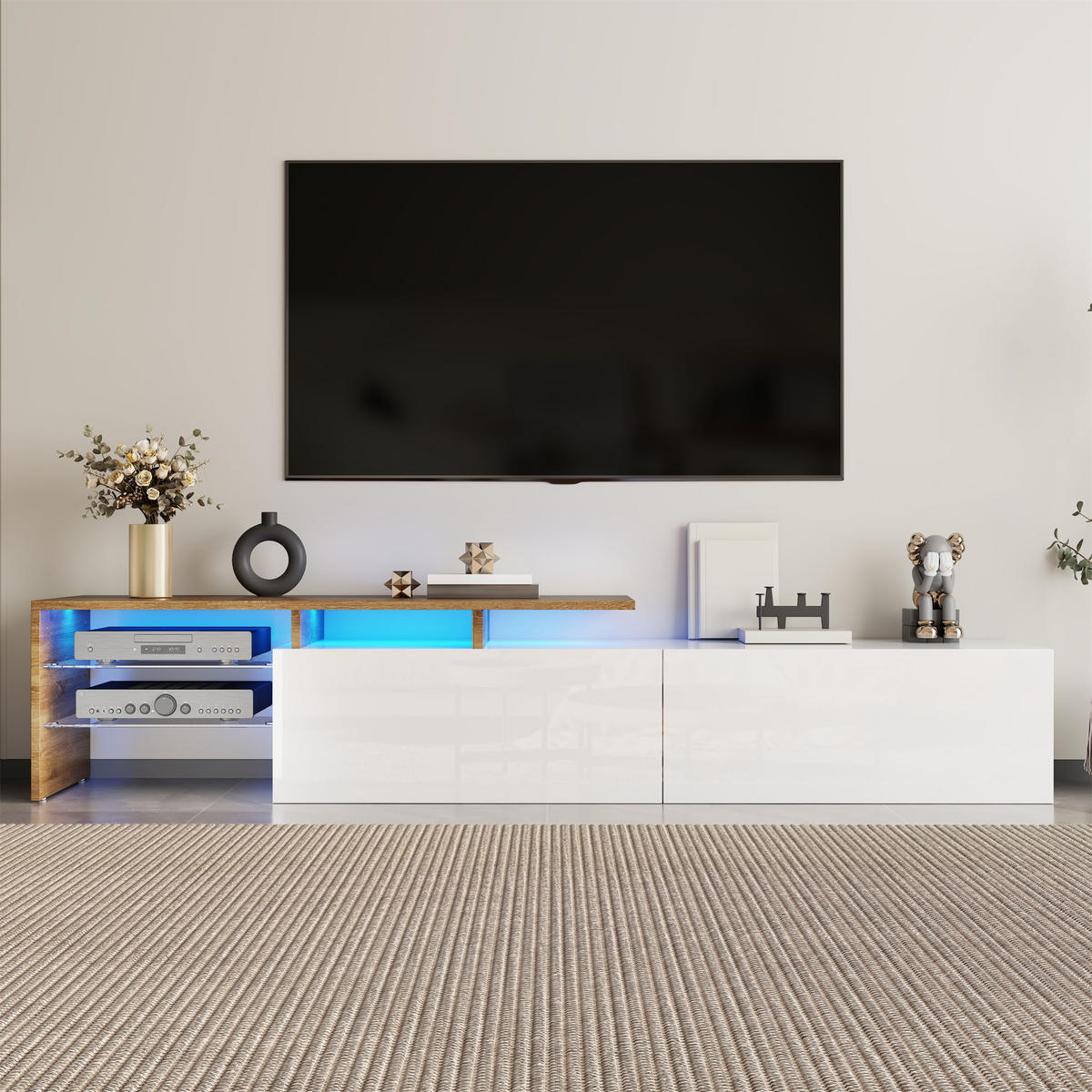 TV-ELEMENT170X33X33,5CM HochglanzWeiß mit LEDBeleuchtung und Glasböden - Naturfarben, Holz (42.19/18.42/143cm) - Raelunyi