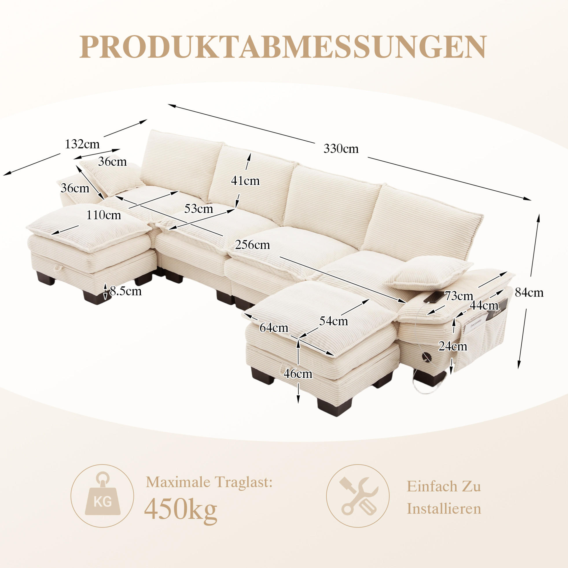 Meubliv Sofa Beige 132x84x330 cm