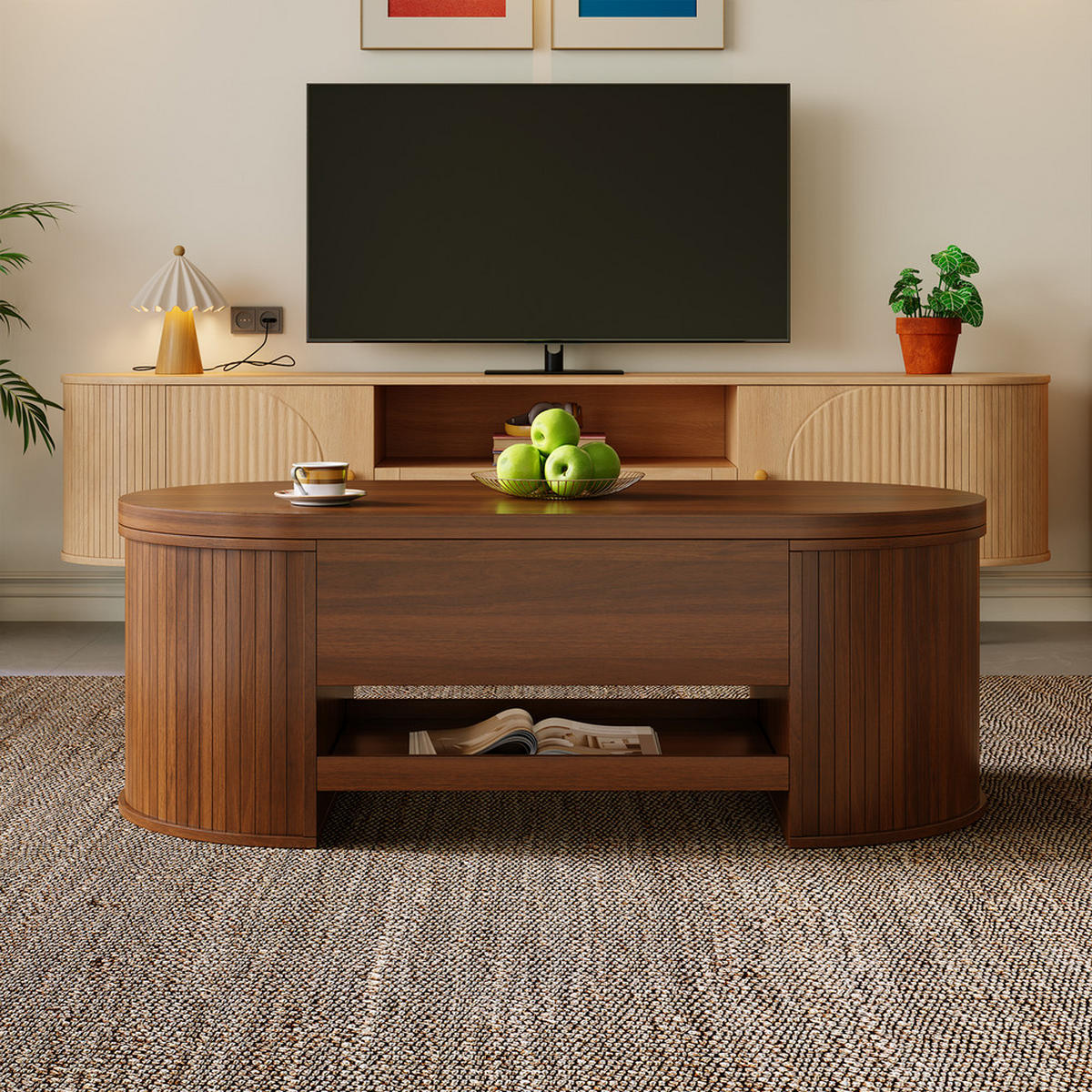 COUCHTISCH Anhebbar Walnussoptik Gebogene Holzseiten Ausziehbares Regal - Braun, Holz (125.1/60.96/14.61cm) - FLIEKS